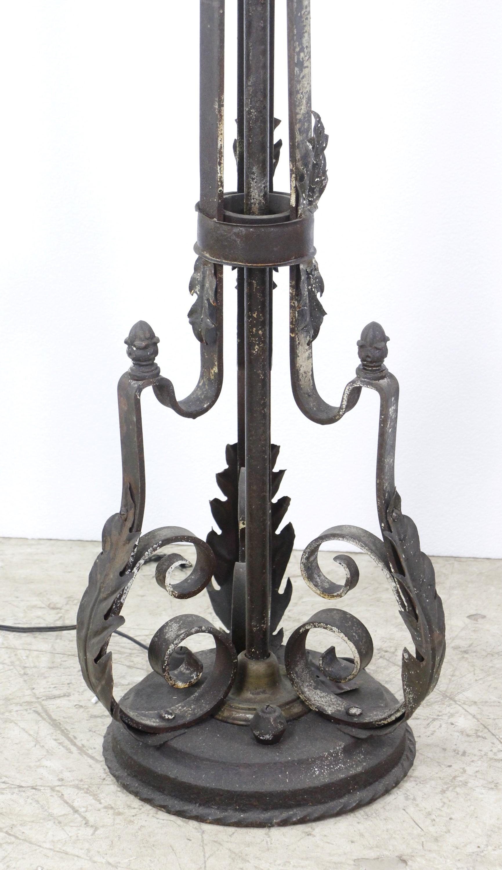 Pair Ornate Wrought Iron 5 Light Candelabra Floor Lamps In Good Condition In New York, NY