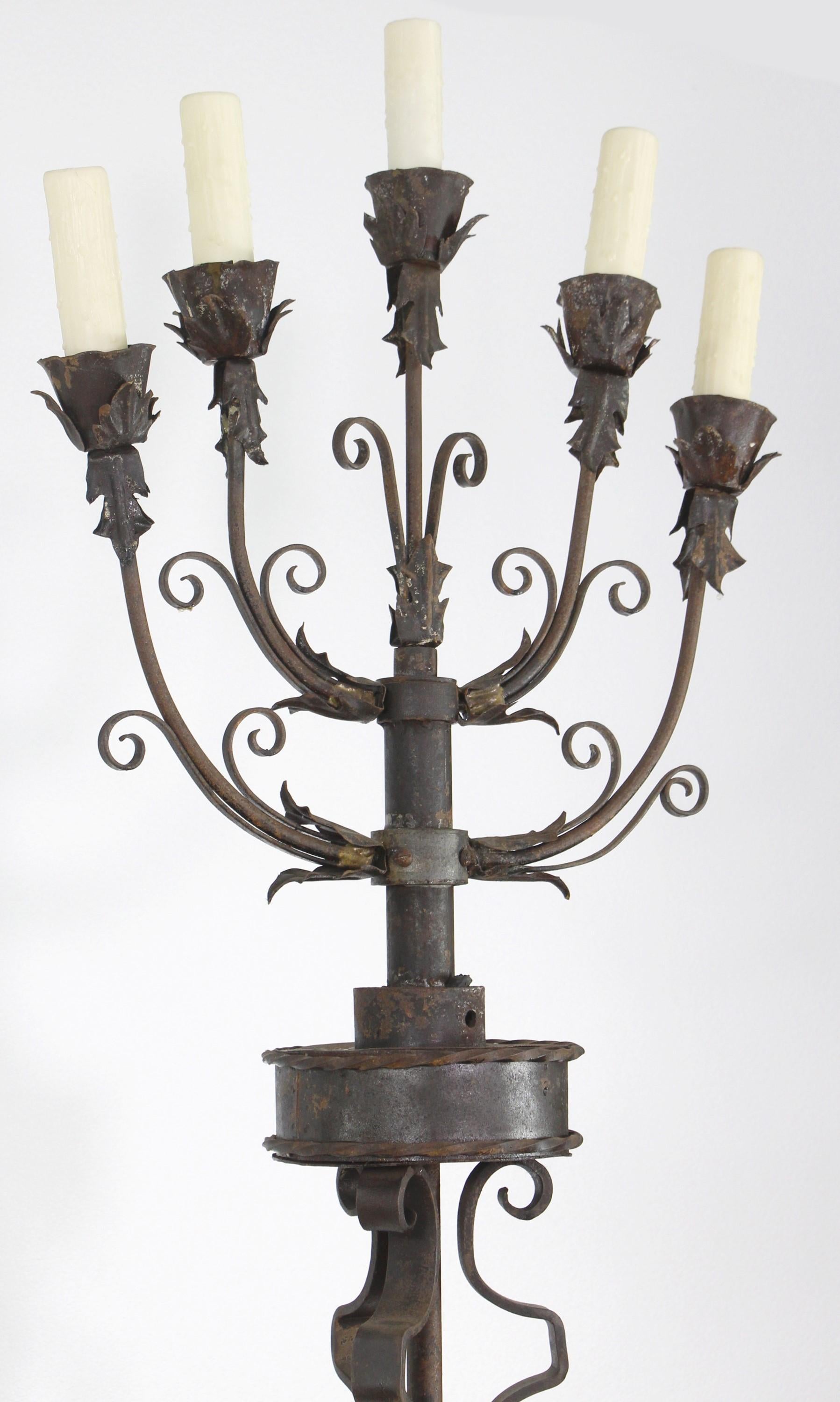 19th Century Pair Ornate Wrought Iron 5 Light Candelabra Floor Lamps