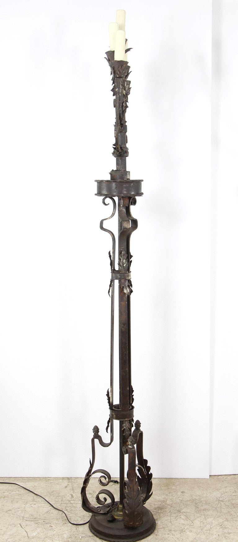 Pair Ornate Wrought Iron 5 Light Candelabra Floor Lamps For Sale at 1stDibs