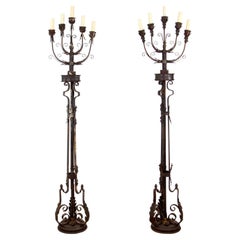 Pair Ornate Wrought Iron 5 Light Candelabra Floor Lamps