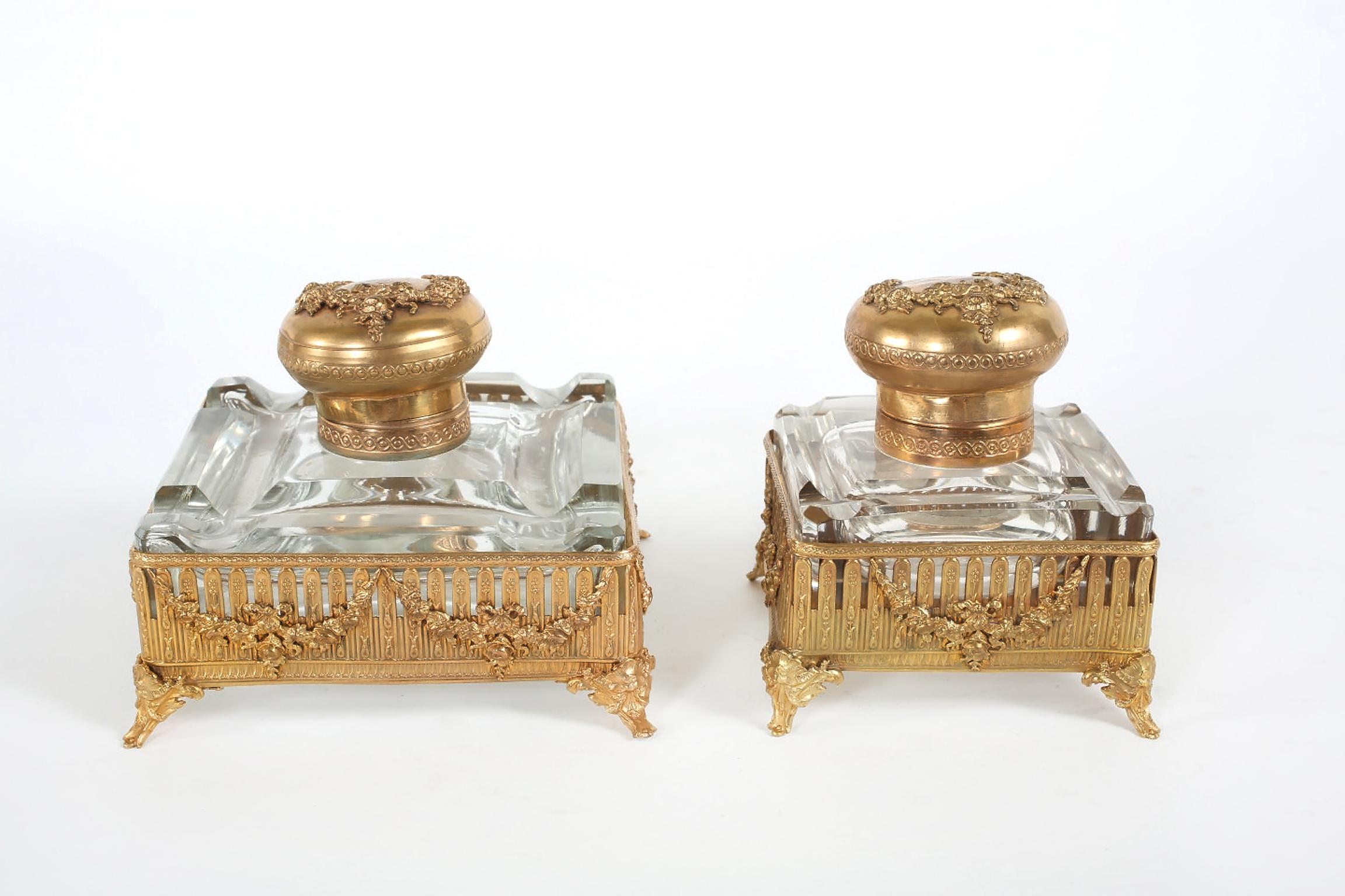 Pair Ornately Gilt Brass Framed Footed Glass Inkwells 4