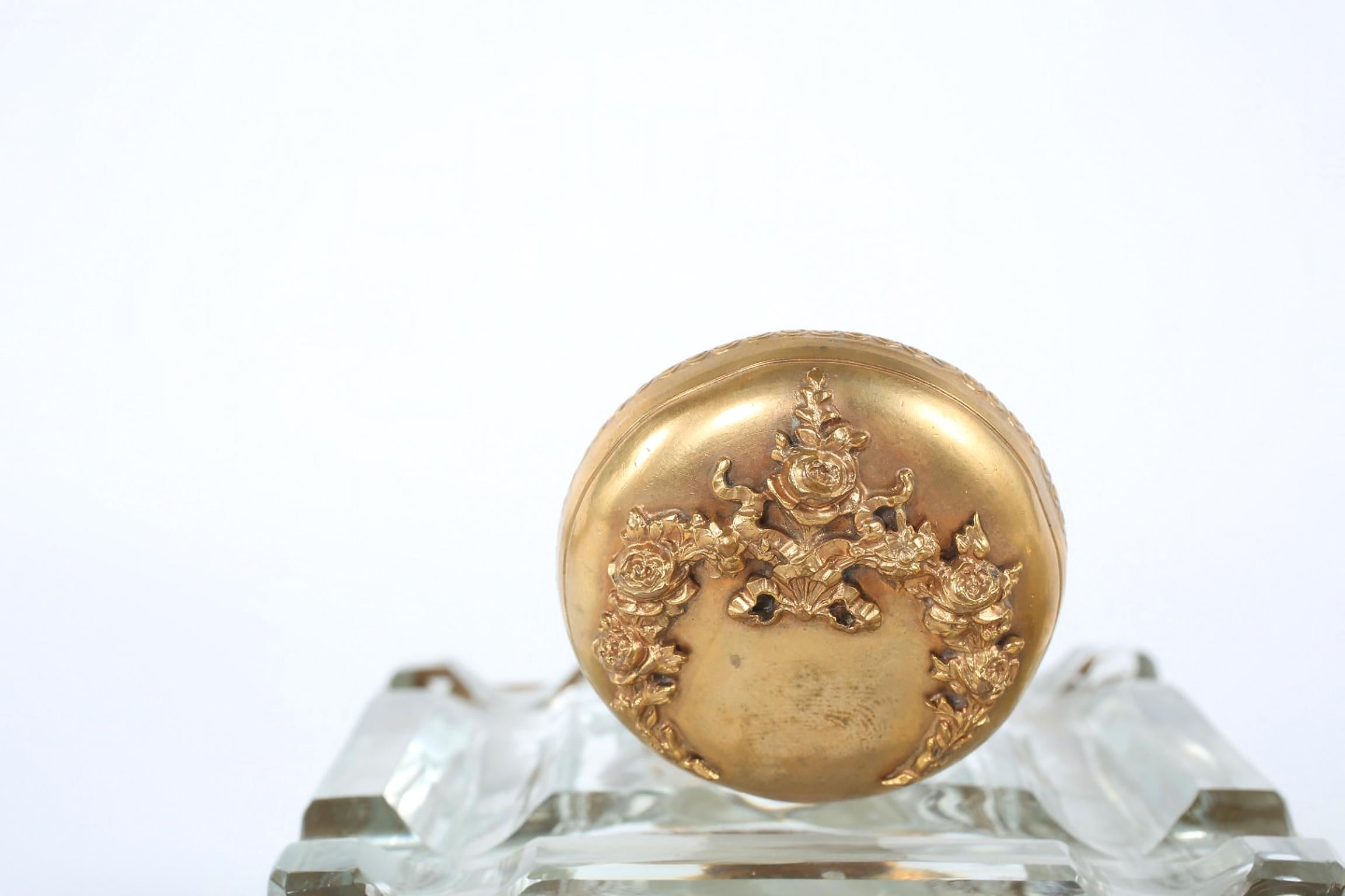 European Pair Ornately Gilt Brass Framed Footed Glass Inkwells