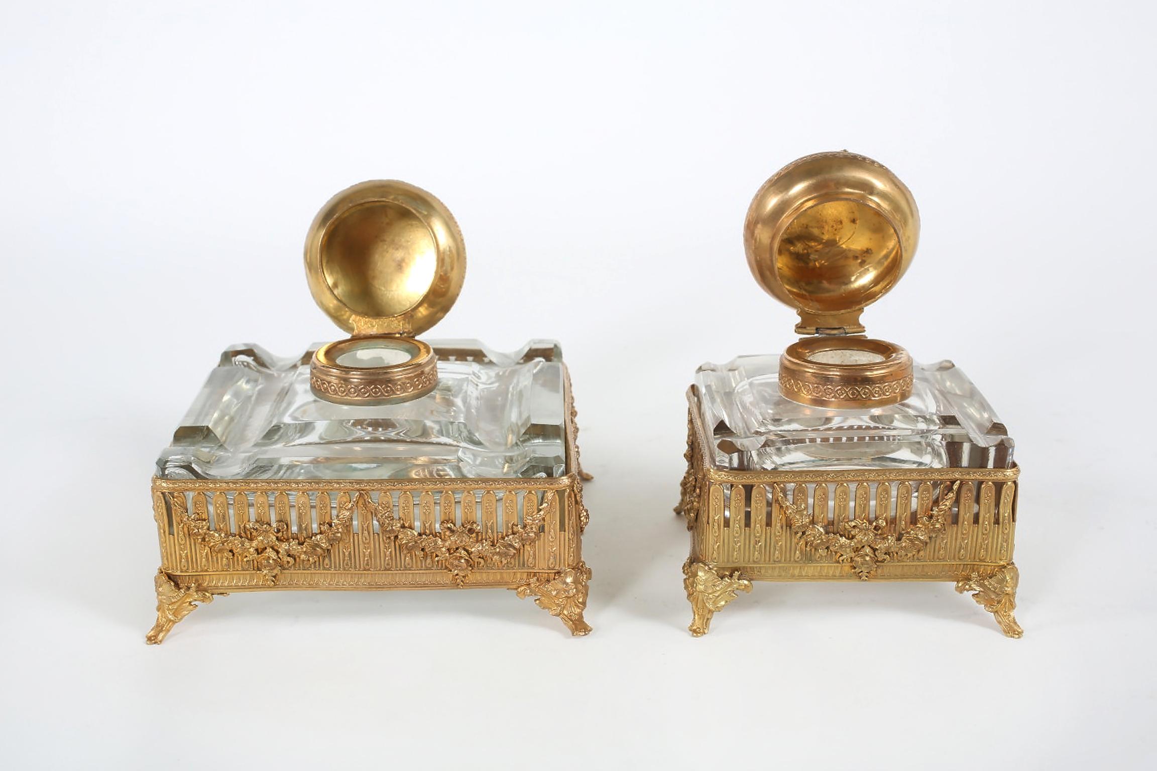 Pair Ornately Gilt Brass Framed Footed Glass Inkwells In Good Condition In Tarry Town, NY