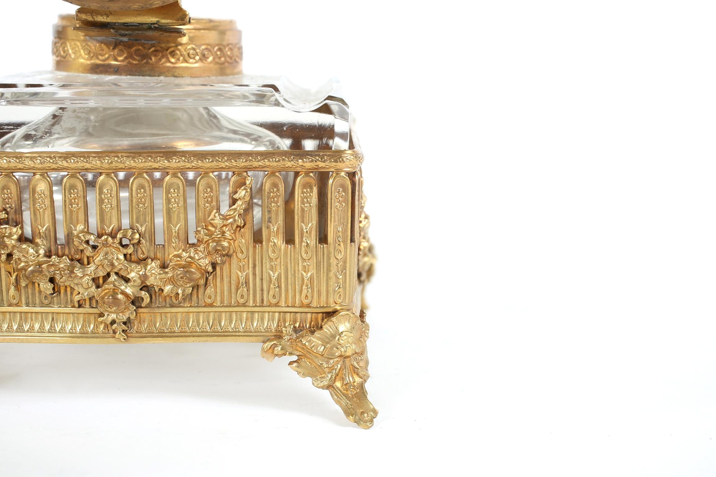 Pair Ornately Gilt Brass Framed Footed Glass Inkwells 2