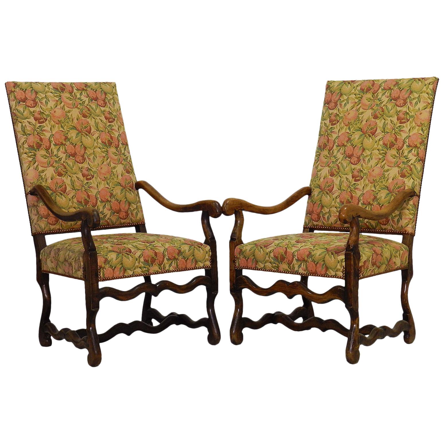Pair of Os de Mouton Open Armchairs French 19th Century Throne Chairs Walnut