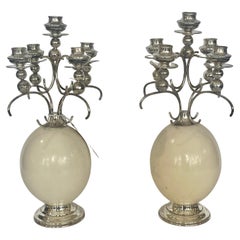 Pair Ostrich Eggs & Silver Candelabras, Attributed to Anthony Redmilem English
