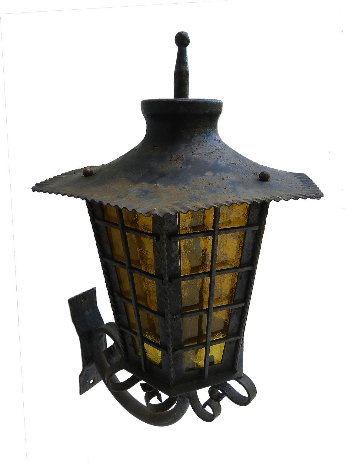 Arts and Crafts Pair of Outdoor Sconces Exterior Wall Lights Lanterns Iron Glass, French