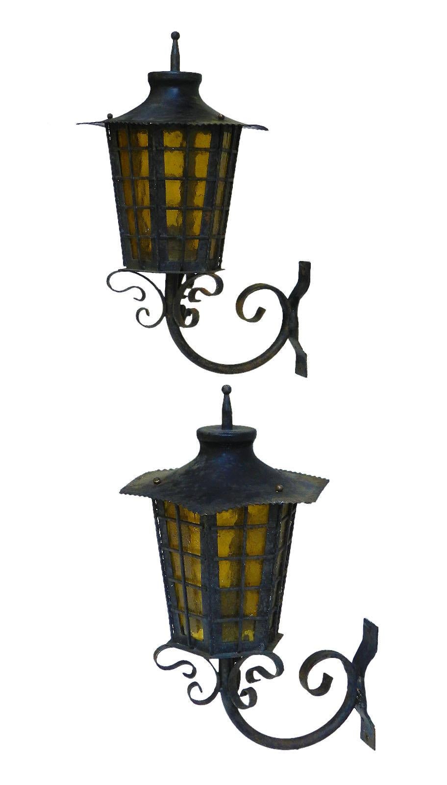 Frosted Pair of Outdoor Sconces Exterior Wall Lights Lanterns Iron Glass, French