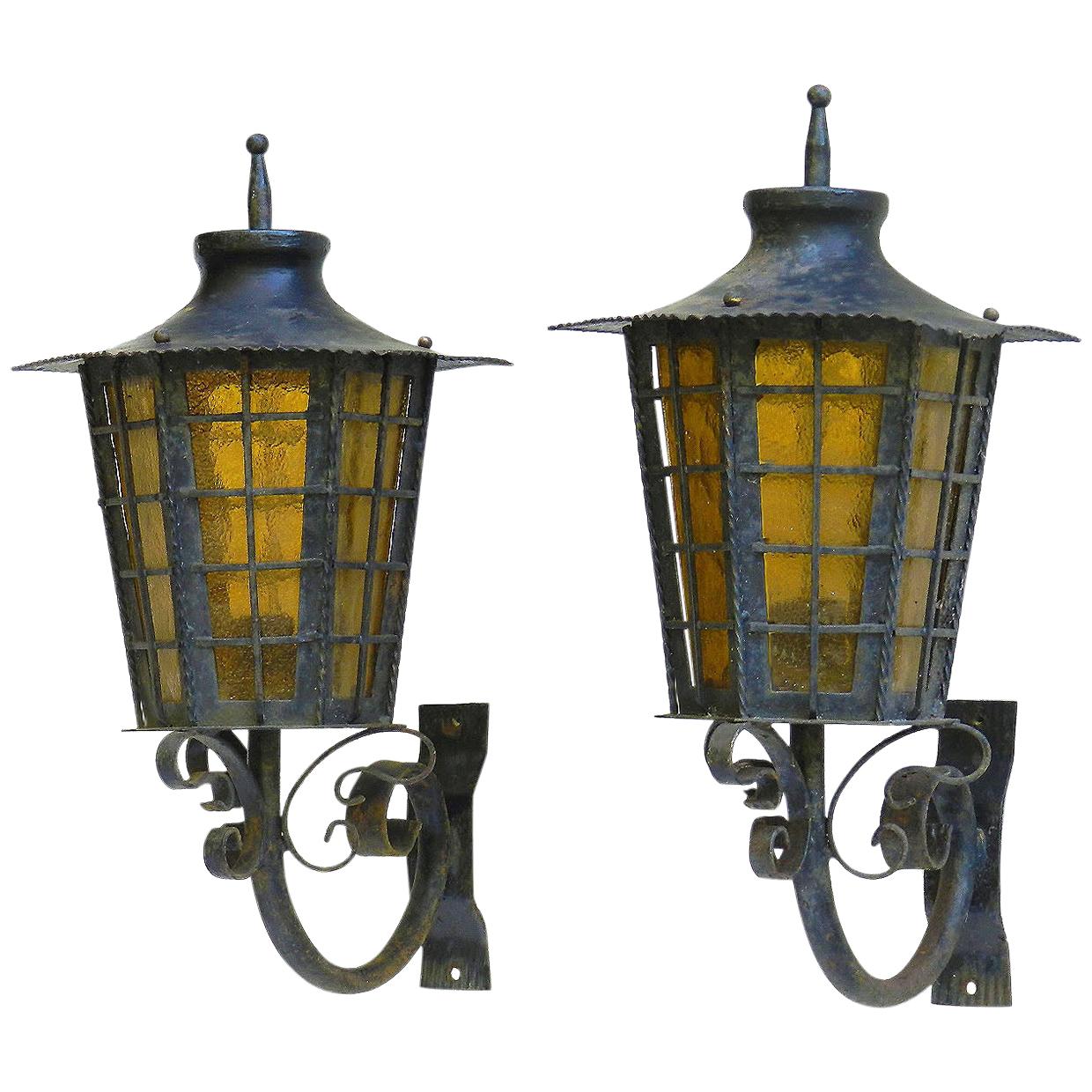Pair of Outdoor Sconces Exterior Wall Lights Lanterns Iron Glass, French