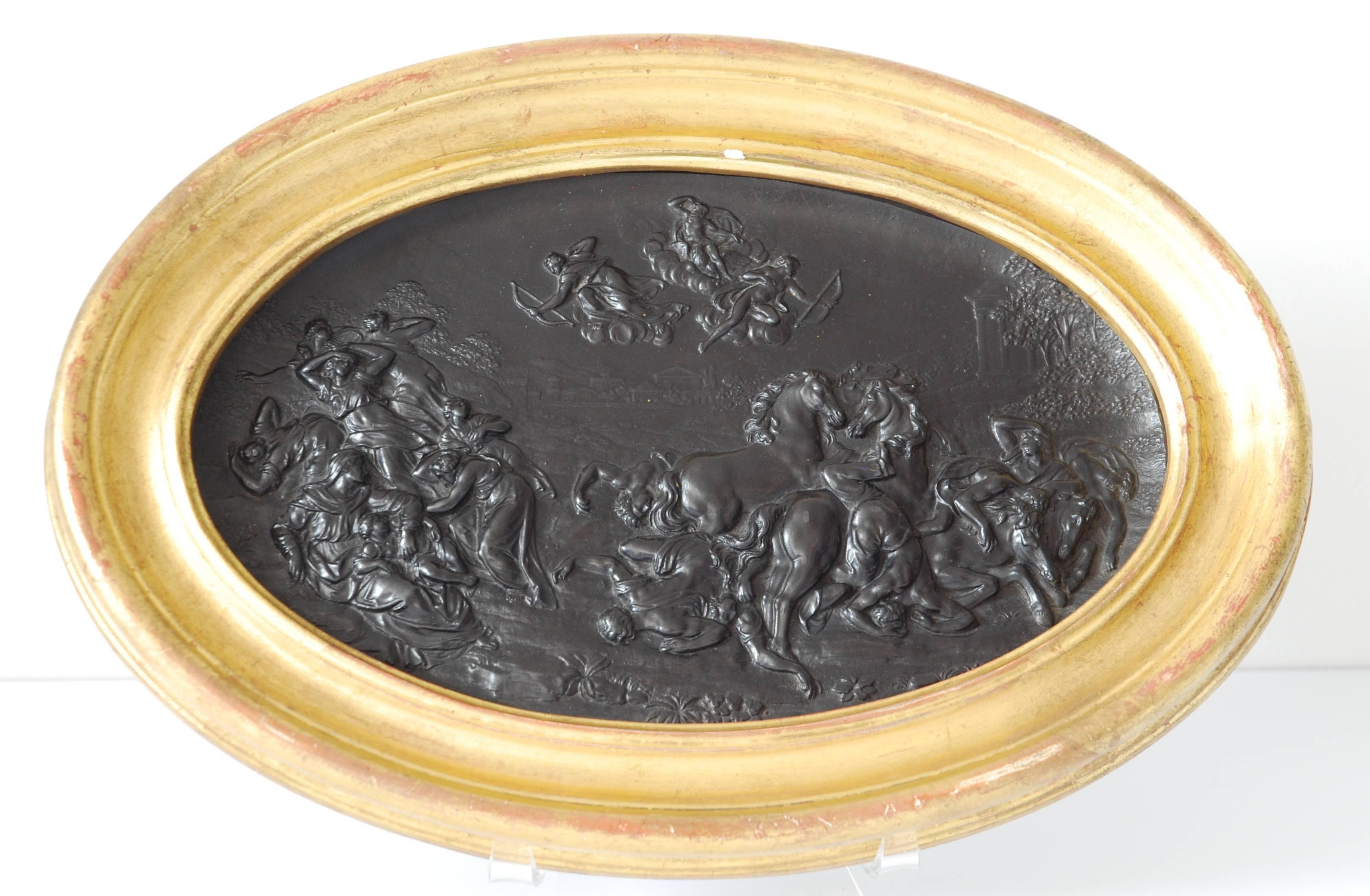 Rare pair of medallions in black basalt, depicting war of the titans and destruction of Niobe’s Children. Adapted from reliefs by Guglielmo della Porta. Original frames.

Unmarked.