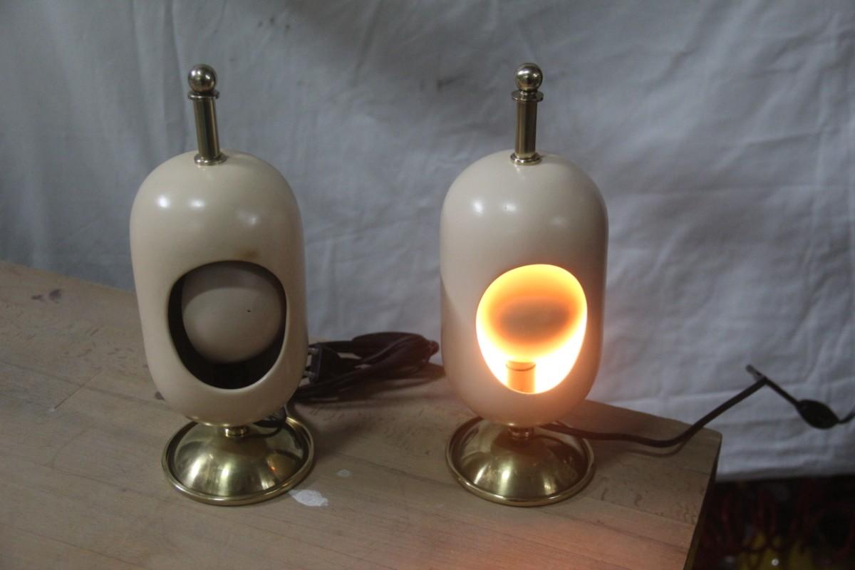 Pair of Oval Table Lamp Midcentury Italian Design Brass Gold Ceramic Eclipse 7