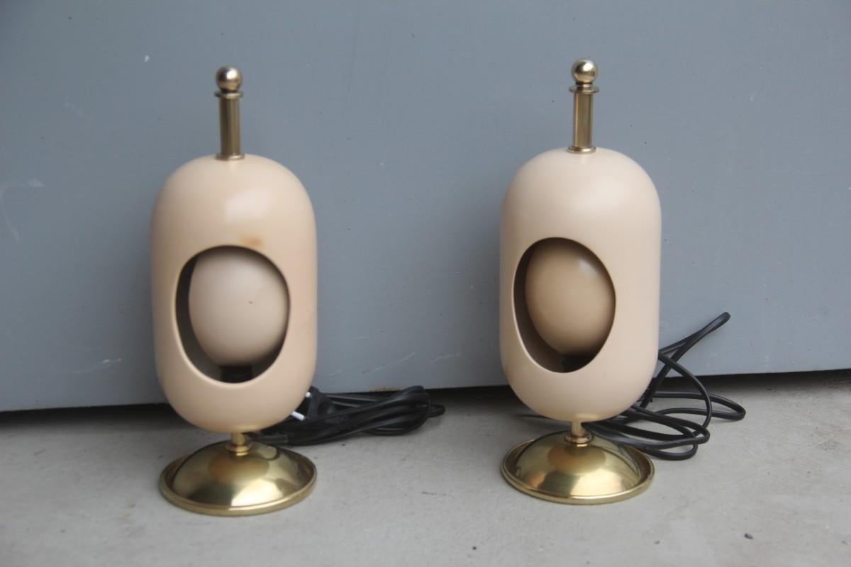 Pair of oval table lamp midcentury Italian design brass gold ceramic eclipse.