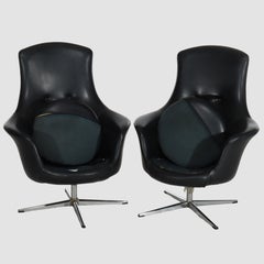 Pair Overman MCM Eames School Black Leatherette & Chrome Lounge Chairs c1960