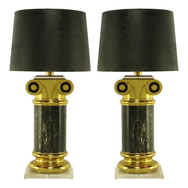 Pair Overscale Ionic Column Table Lamps In Brass & Lucite For Sale
