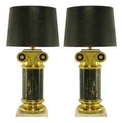 Pair Overscale Ionic Column Table Lamps In Brass & Lucite