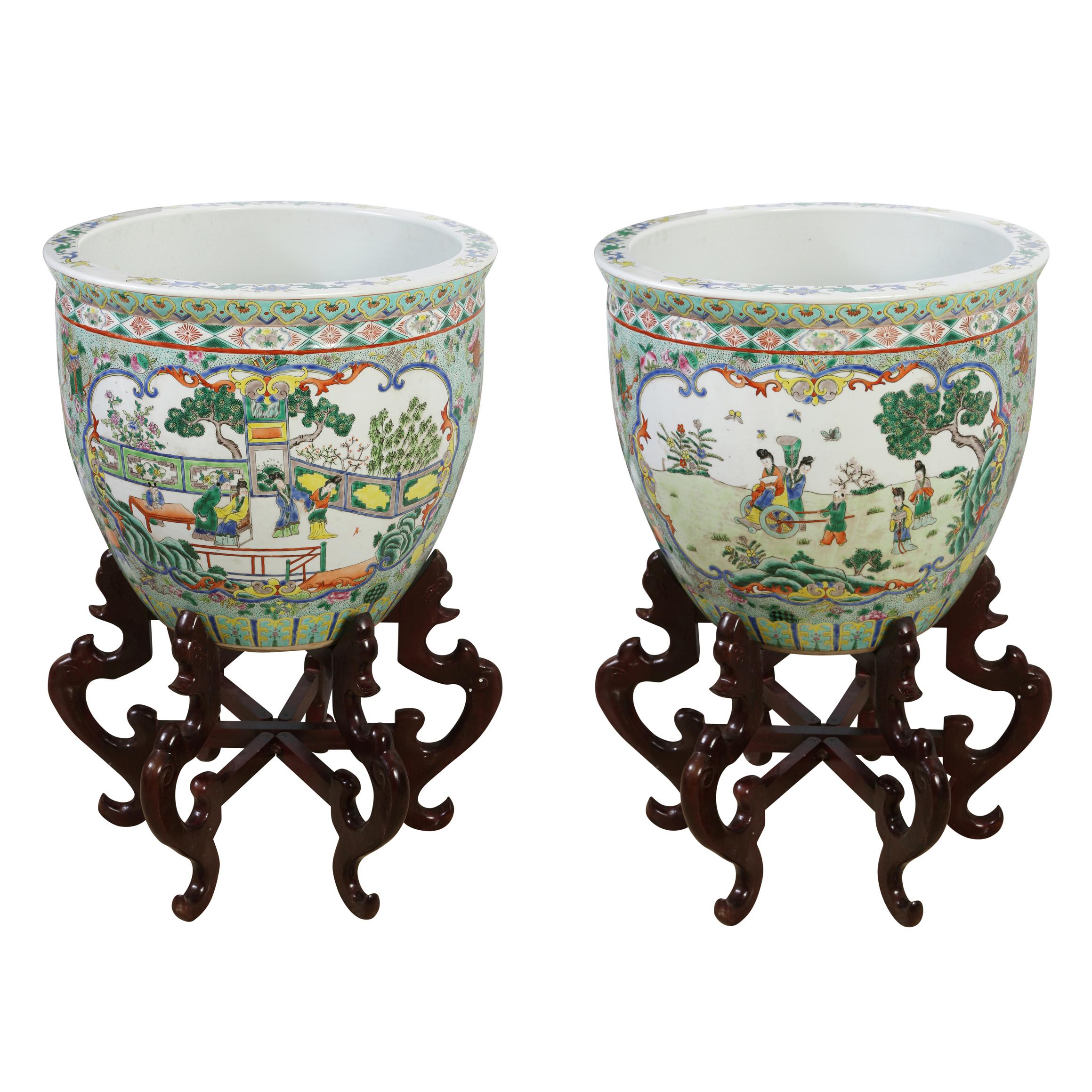 Asian Pair Oversize Chinoiserie Porcelain Planters on Hexagonal Wood Stand For Sale
