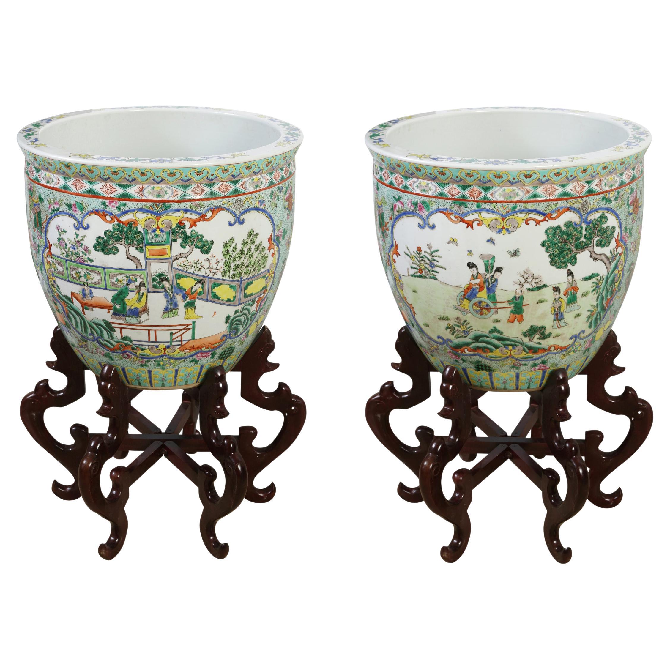 Pair Oversize Chinoiserie Porcelain Planters on Hexagonal Wood Stand For Sale
