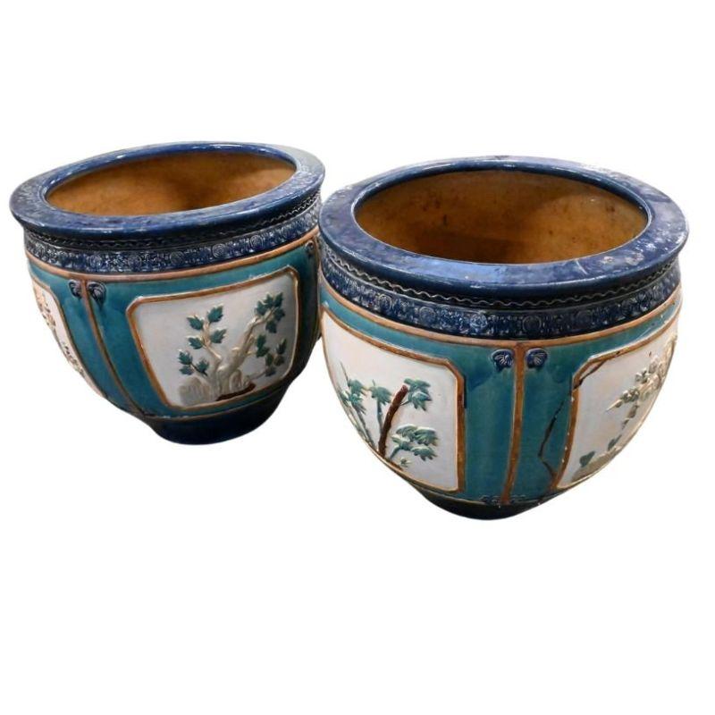 Chinoiserie Pair Oversize Painted Ceramic Planters