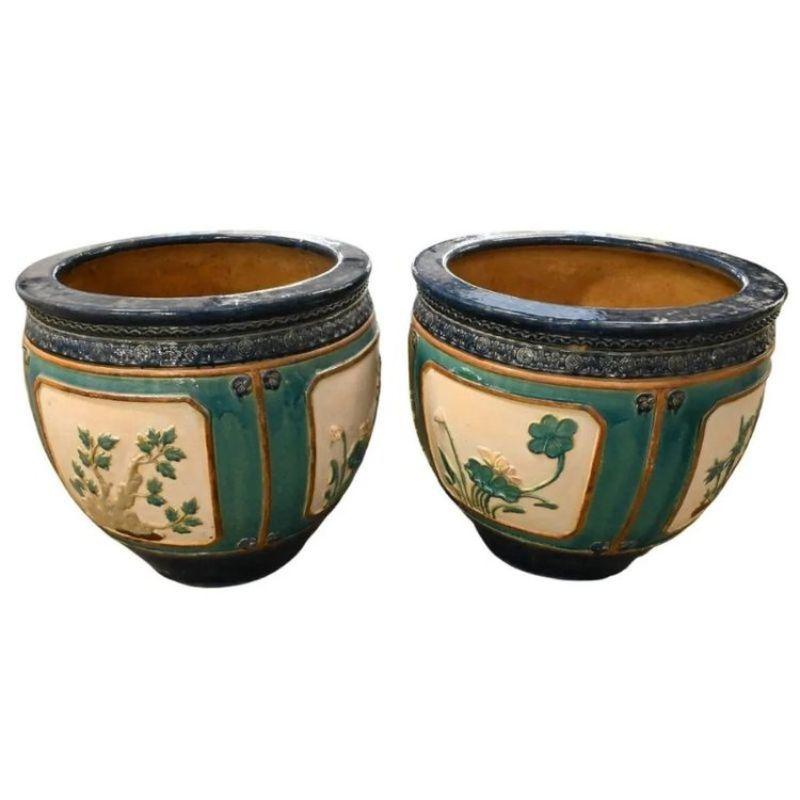 Glazed Pair Oversize Painted Ceramic Planters