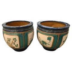 Pair Oversize Painted Ceramic Planters