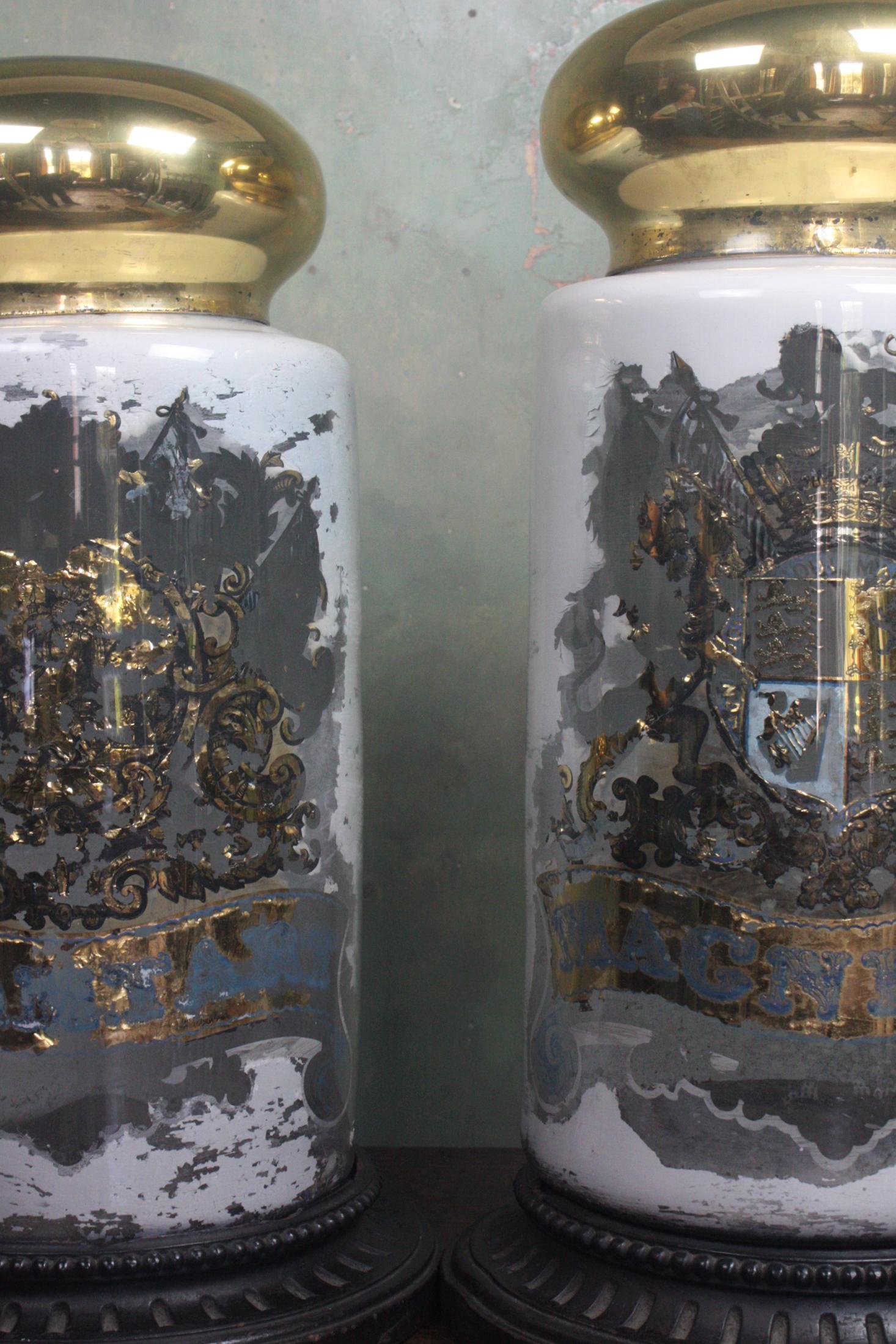 Blown Glass Pair Oversized Chemist Apothecary Species Dispensing Jar Verre Eglomise