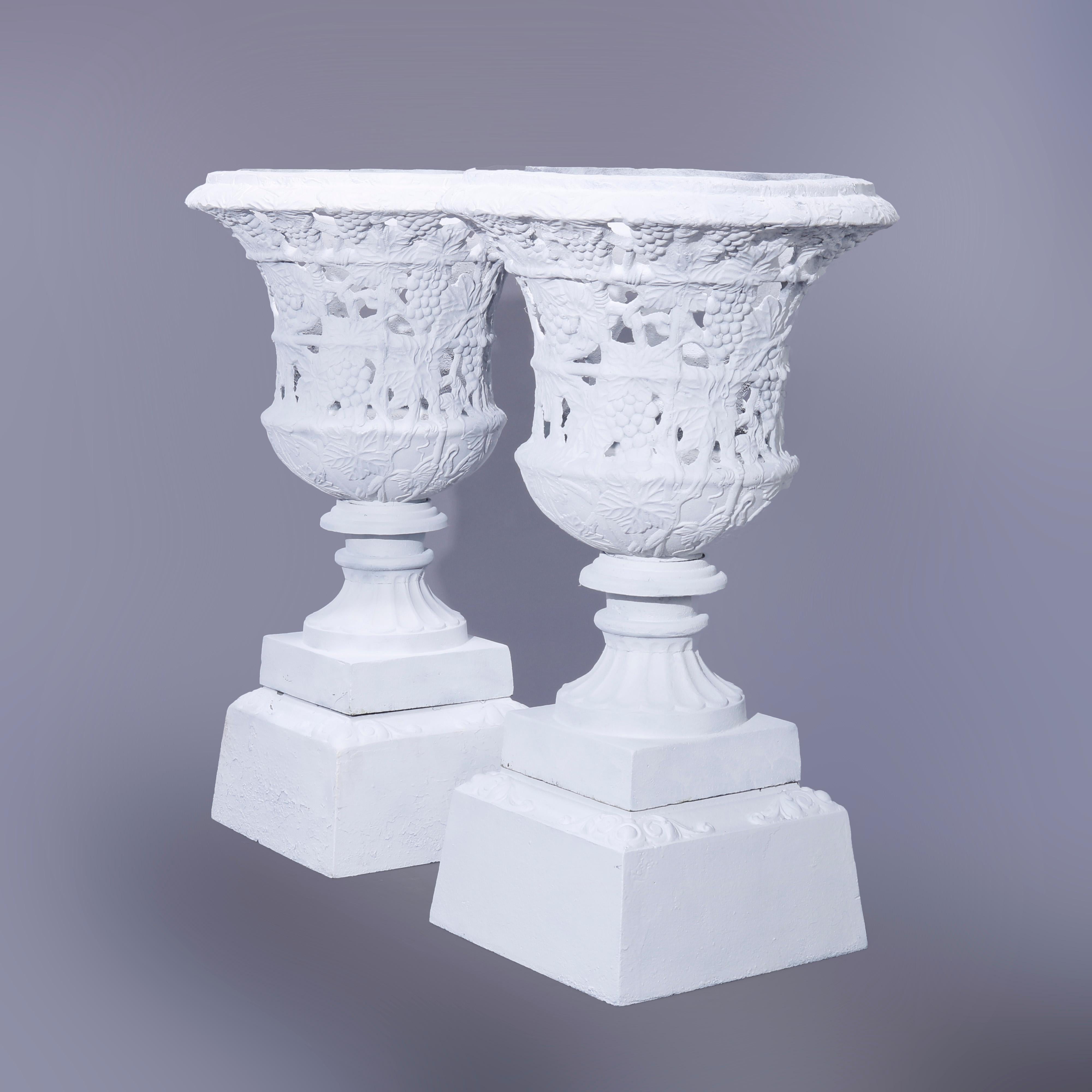 20th Century Pair Oversized Cast Iron Reticulated Grape & Leaf Garden Urns & Bases, 20th C