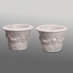 Pair Oversized Cast Stoned Figural Lion & Swag Patio Garden Planters 20th C