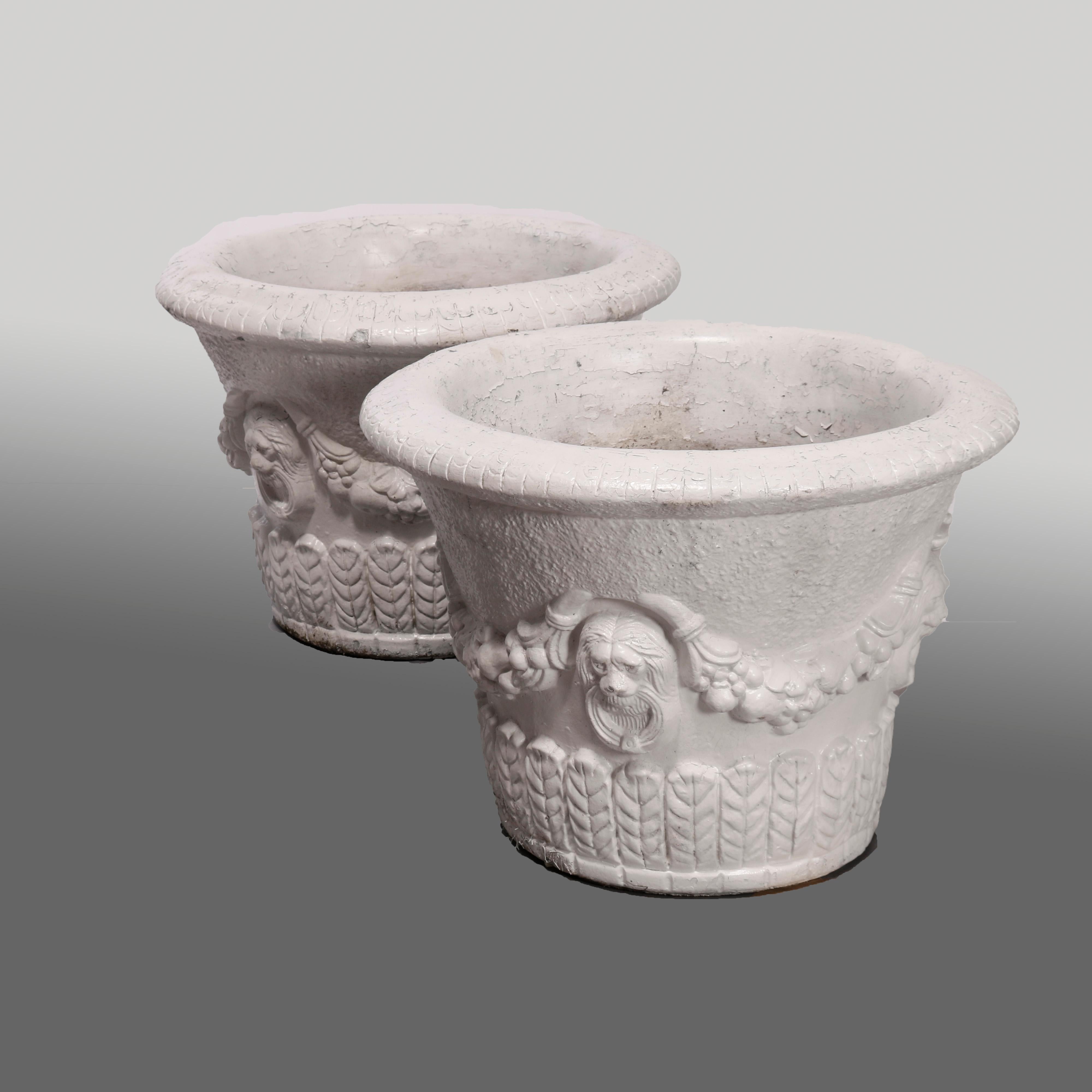 Classical Greek Pair Oversized Cast Stoned Figural Lion & Swag Patio Garden Planters 20th C