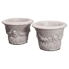 Used Pair Oversized Cast Stoned Figural Lion & Swag Patio Garden Planters 20th C