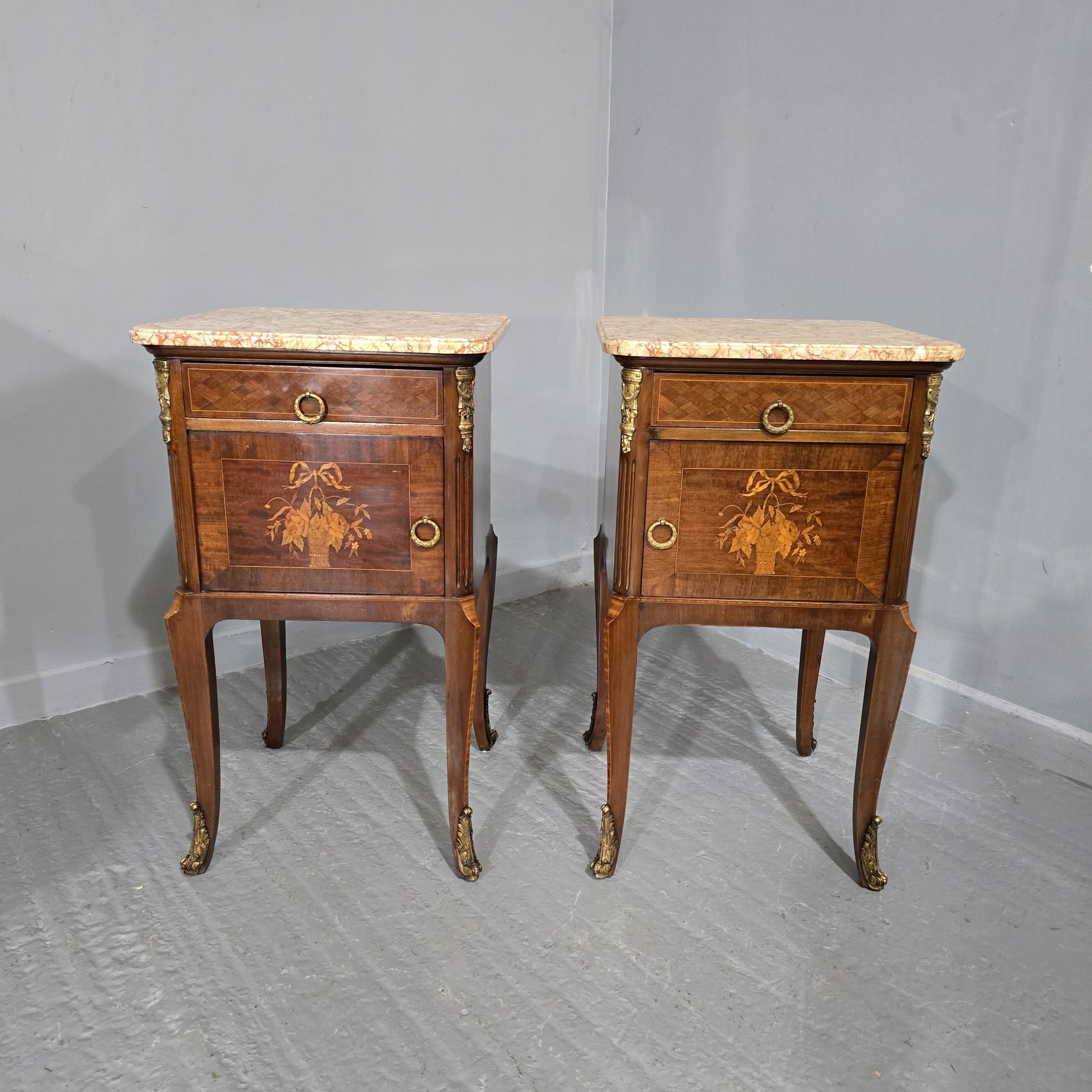 A very nice pair of freestanding oversized French parquetry and marquetry cabinets, each with a single drawer and cupboard, top quality ormolu mounts and handles, excellent colour, super condition.

32