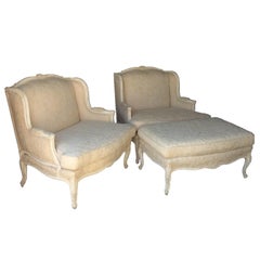 Pair of Oversized French Country Bergères White Wash Finish One Ottoman