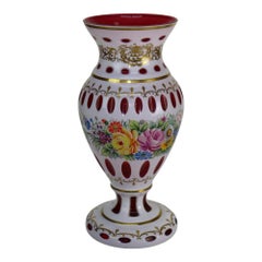 Pair Oversized Hand Painted & Gilt Cut To Cranberry Bohemian Glass Vases C1890