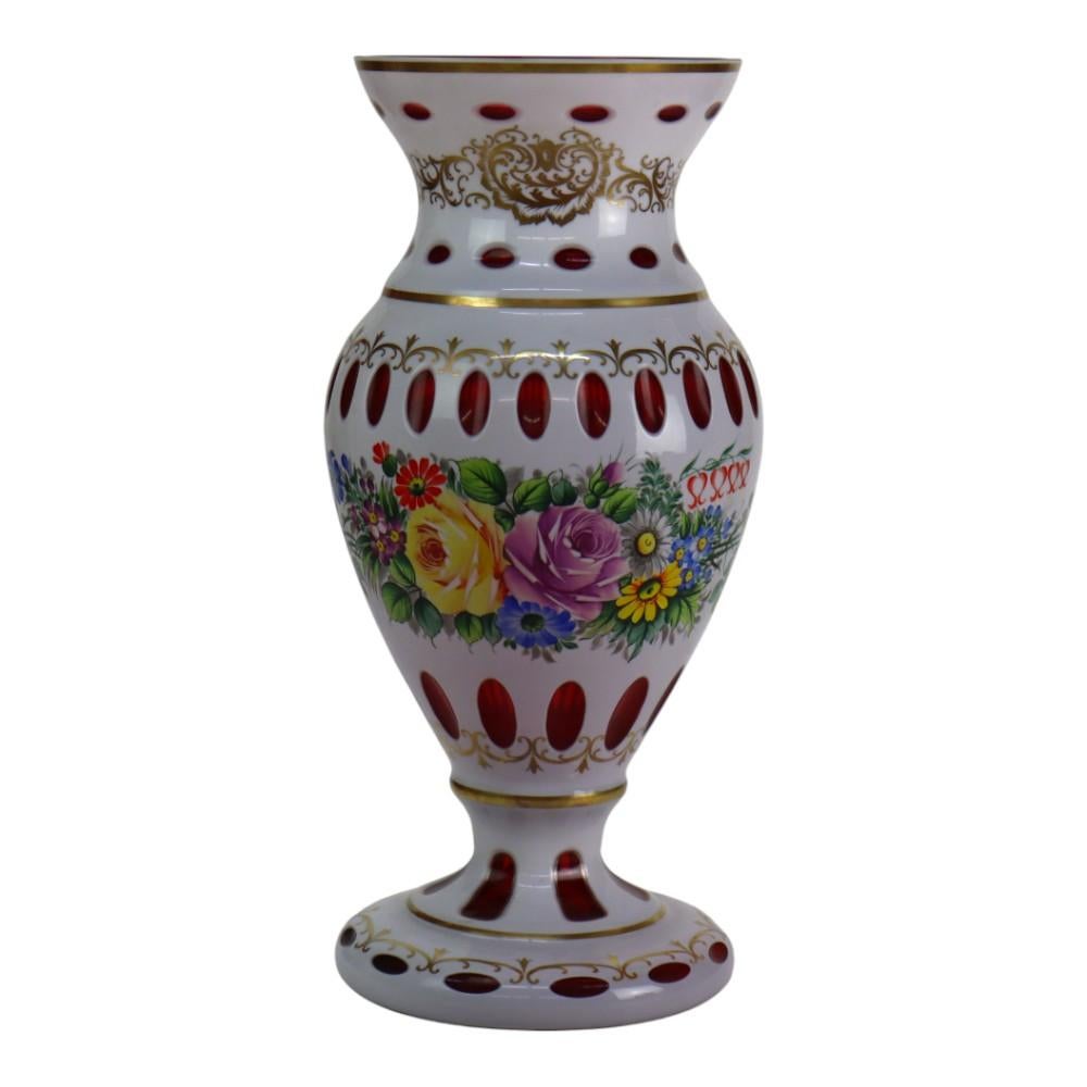 Pair Oversized Hand Painted & Gilt Cut To Cranberry Bohemian Glass Vases C1890 (Glaskunst) im Angebot