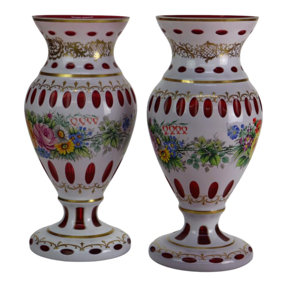 Pair Oversized Hand Painted & Gilt Cut To Cranberry Bohemian Glass Vases C1890 im Angebot 1