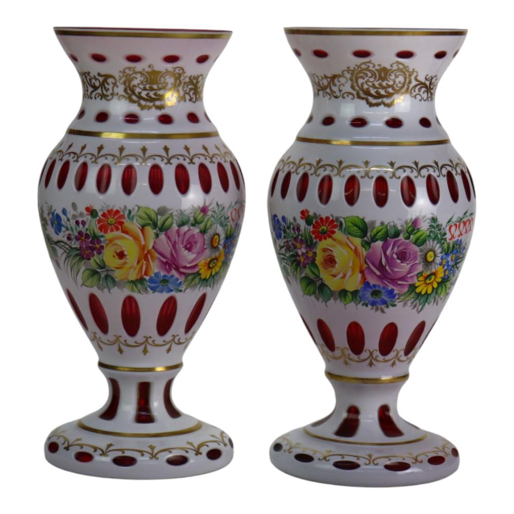 Pair Oversized Hand Painted
Gilt Cut To Cranberry Bohemian Glass Vases C1890