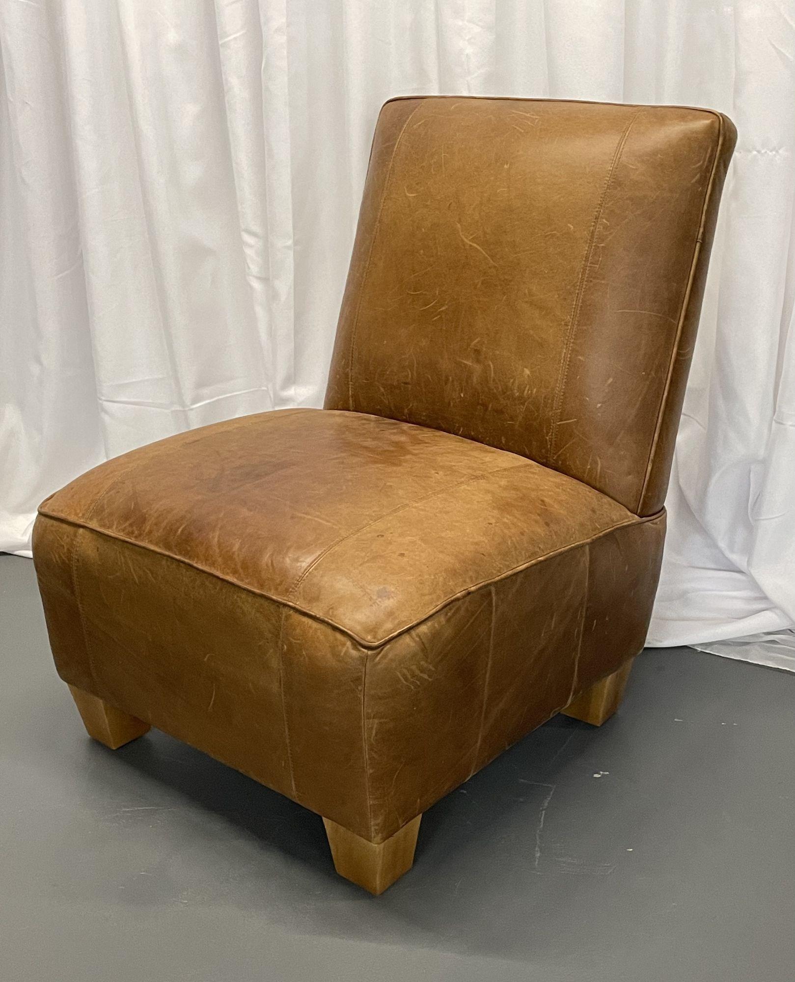 Pair Oversized Modern American Designer Art Deco Leather Lounge / Slipper Chairs In Good Condition In Stamford, CT