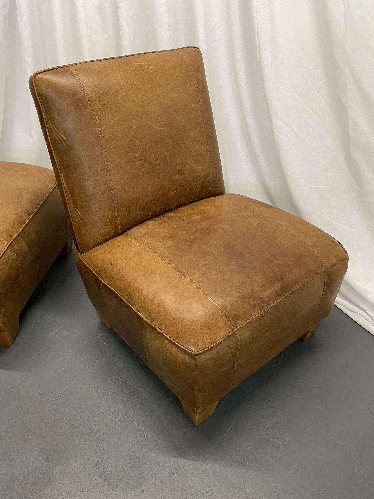 Pair Oversized Modern American Designer Art Deco Leather Lounge / Slipper Chairs 1