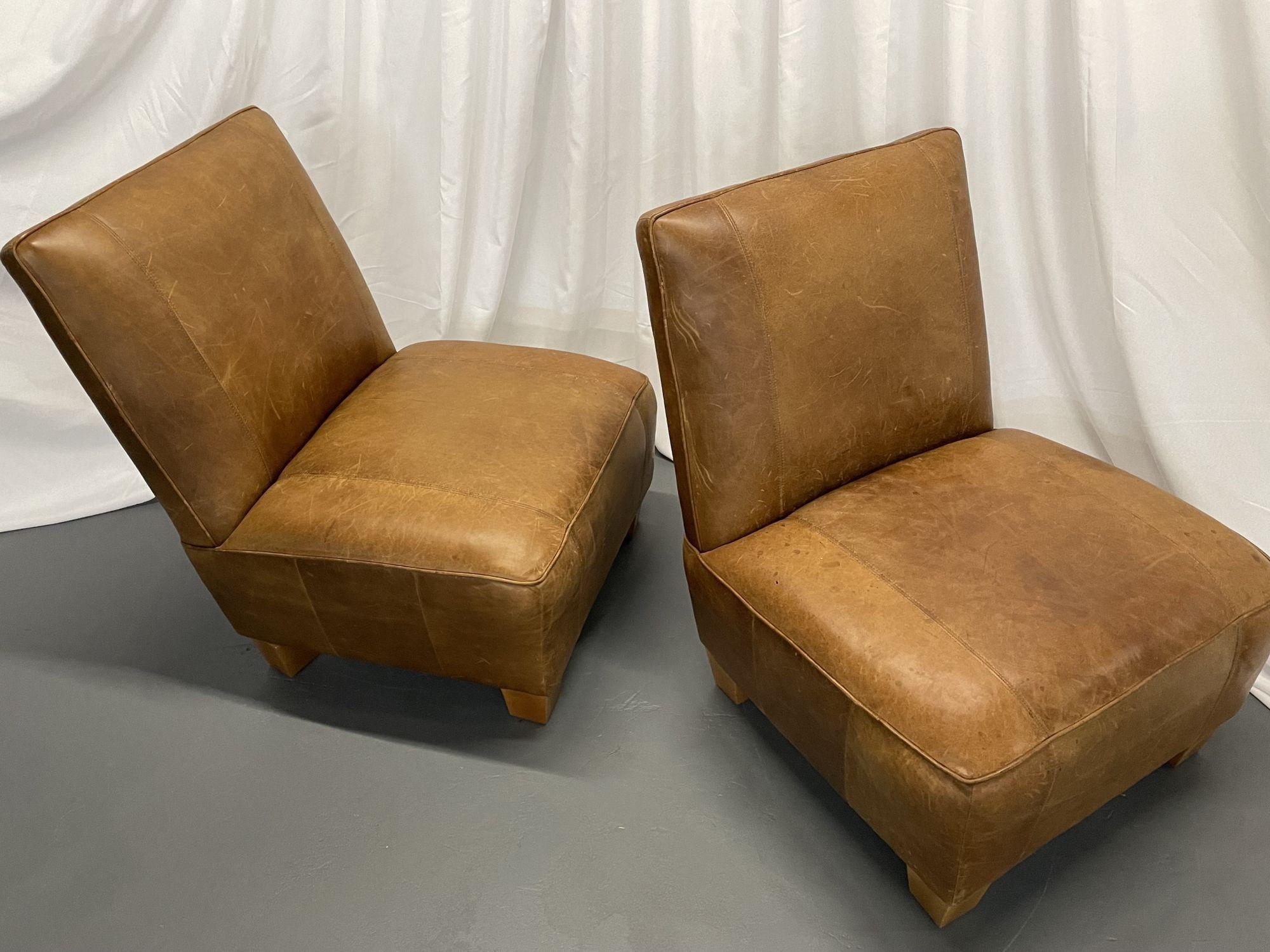 Pair Oversized Modern American Designer Art Deco Leather Lounge / Slipper Chairs 3