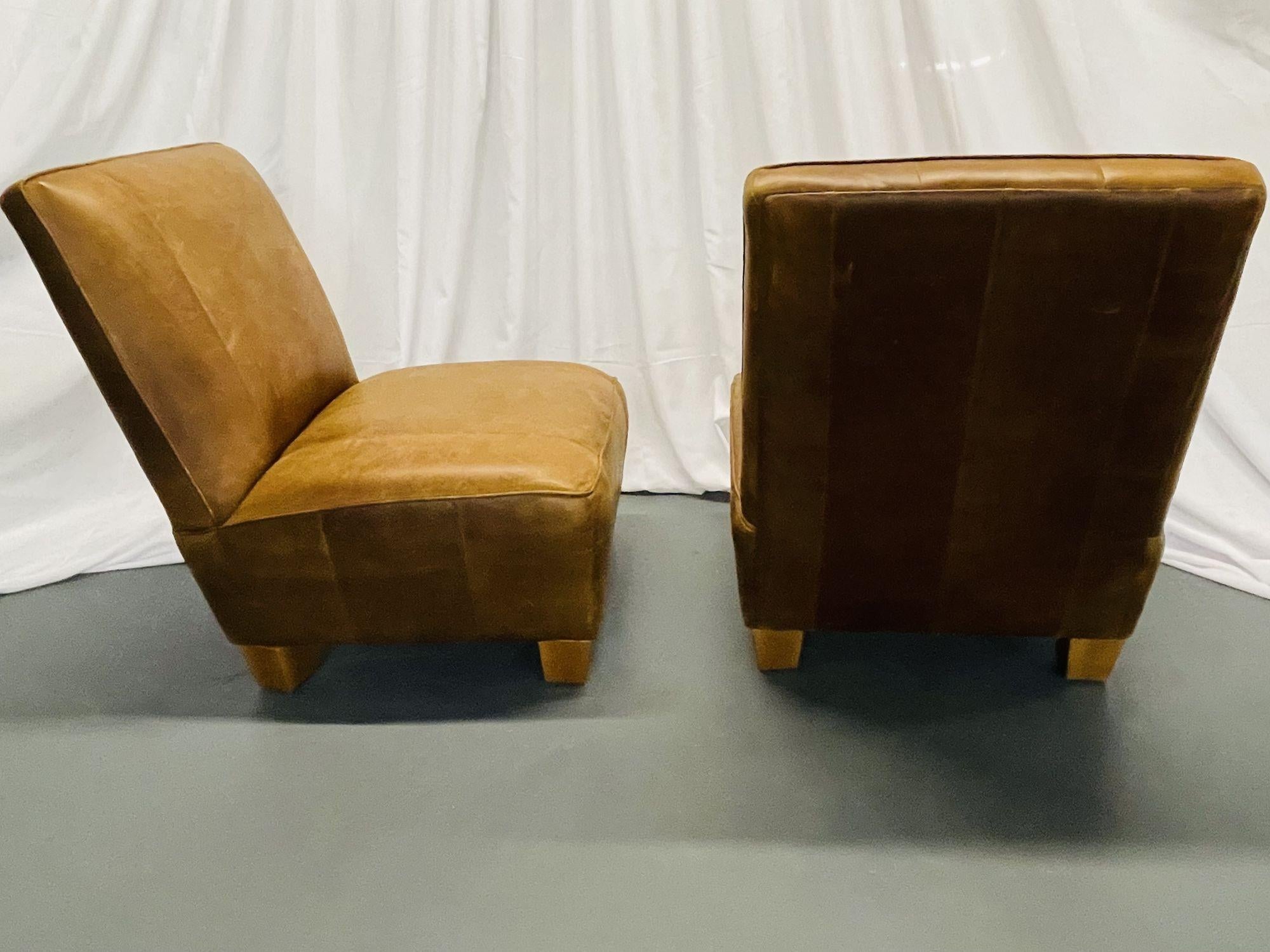 Pair Oversized Modern American Designer Art Deco Leather Lounge / Slipper Chairs 4
