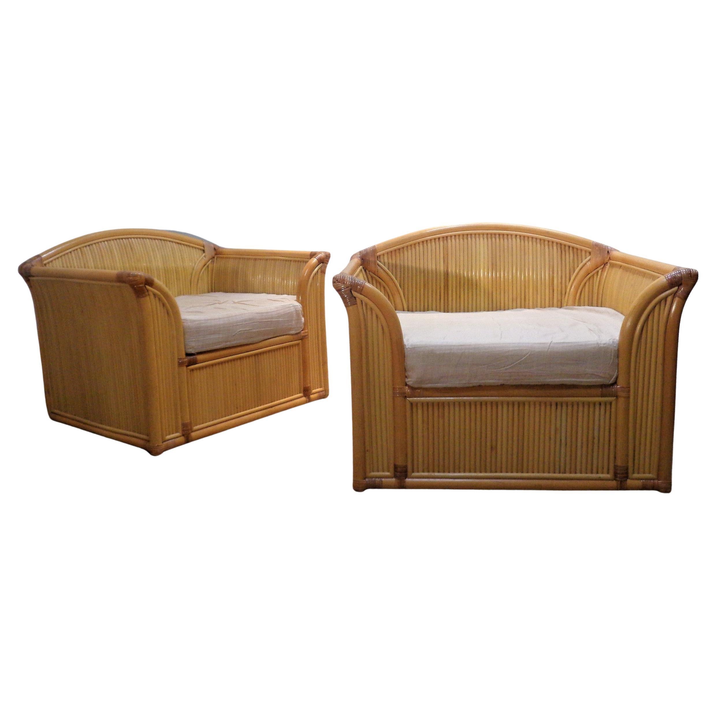  Pair Large Rattan Lounge Chairs, 1970-1980