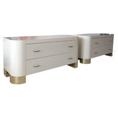 Pair oversized vintage postmodern cream & gold bedside cabinets /  nightstands