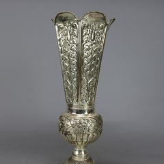 Pair of Oversized Vintage Silver Plate Floral Embossed Footed Vases 20th Century