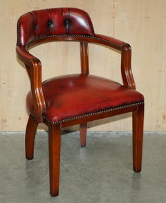 PAIR OXBLOOD BORDEAUX LEATHER CHESTERFiELD COURT CAPTAINS CHAIRS PART OF SUITE