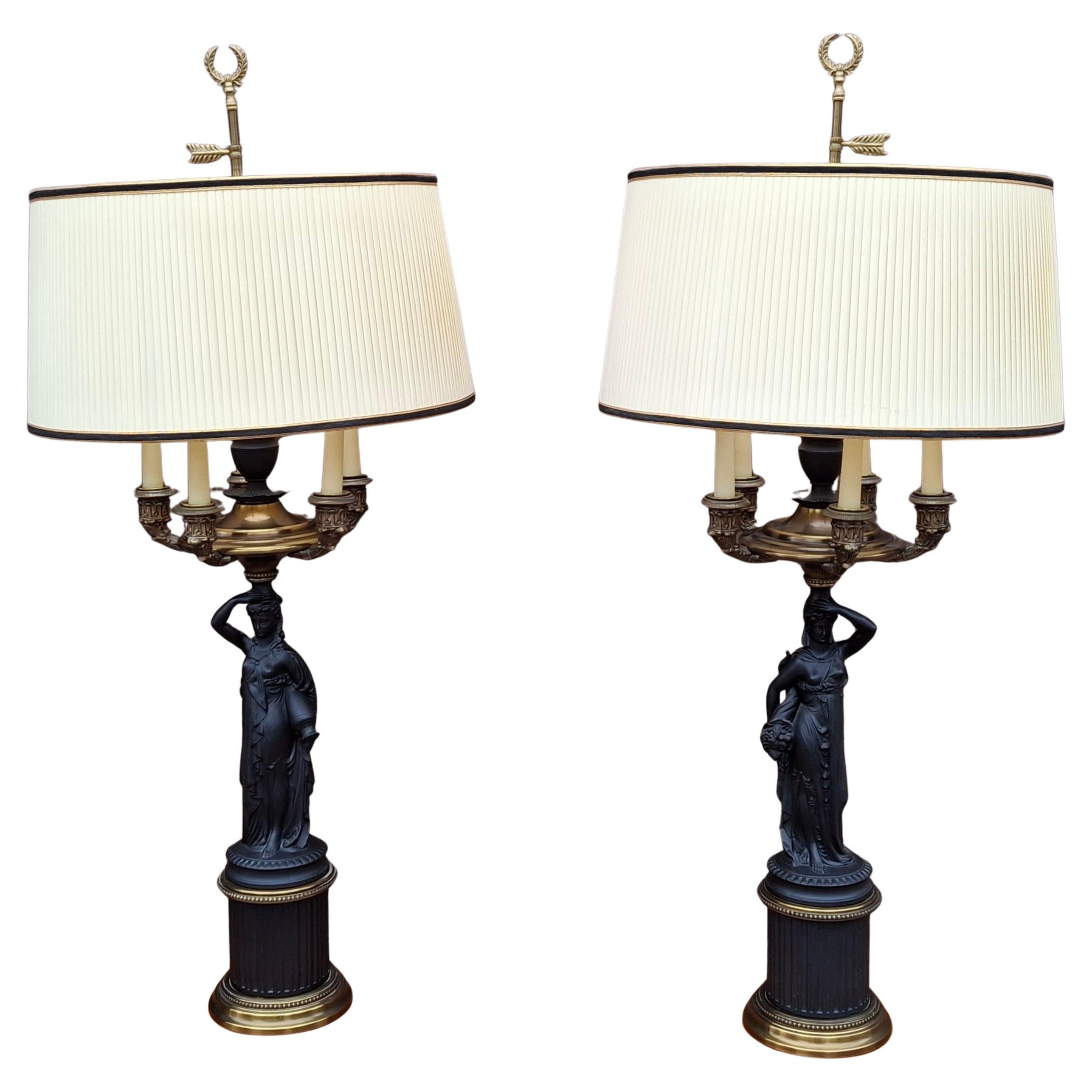 Pair P Hanson Napoleon III Gilt &Patinated Bronze Figural 5-Arm Candelabra Lamps For Sale