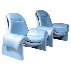 Pair P60 Blue Leather Proposals Lounge Chairs by Vittorio Introini for Saporiti