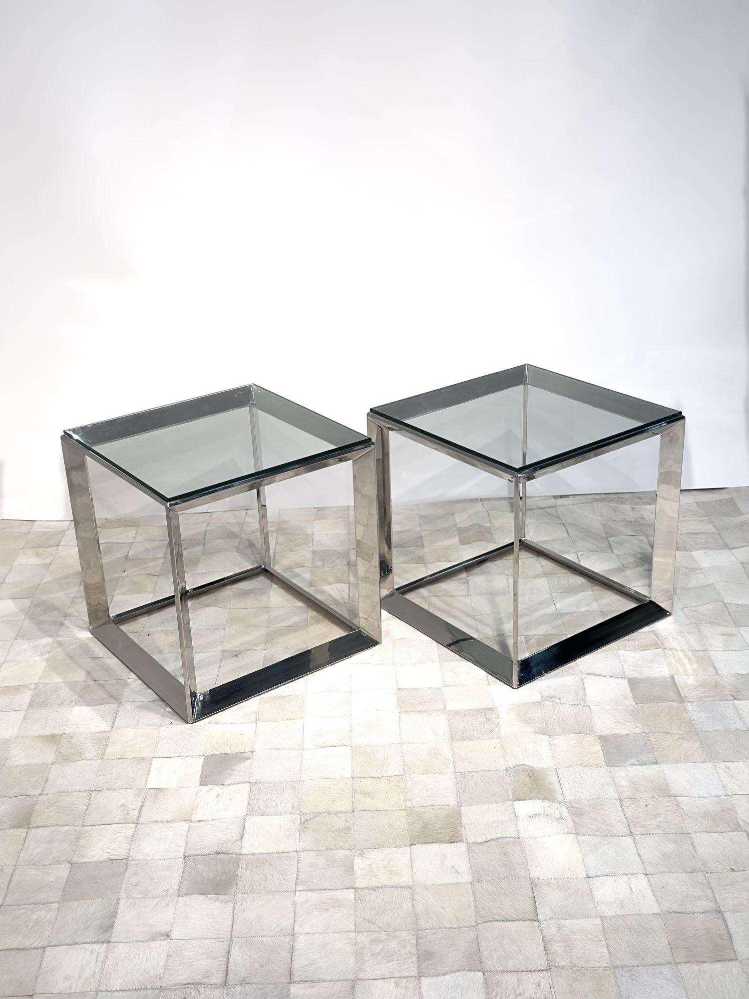 Mid-Century Modern Pair Pace Chrome and Glass Side/End Tables, 1970 For Sale