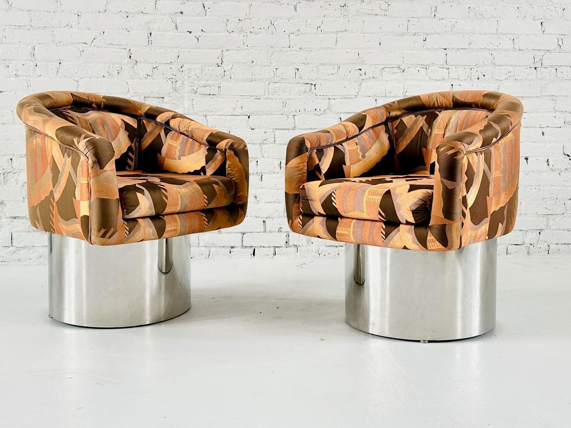 Pair PACE Collection Stainless Steel Swivel Lounge Chairs, 1970.  Original upholstery.  Upholstery has wear and one small cigarette burn on back of one chair.  These chairs came from Vladimir Kagan’s Estate.
Measures 29.75” tall 25” deep 22” wide