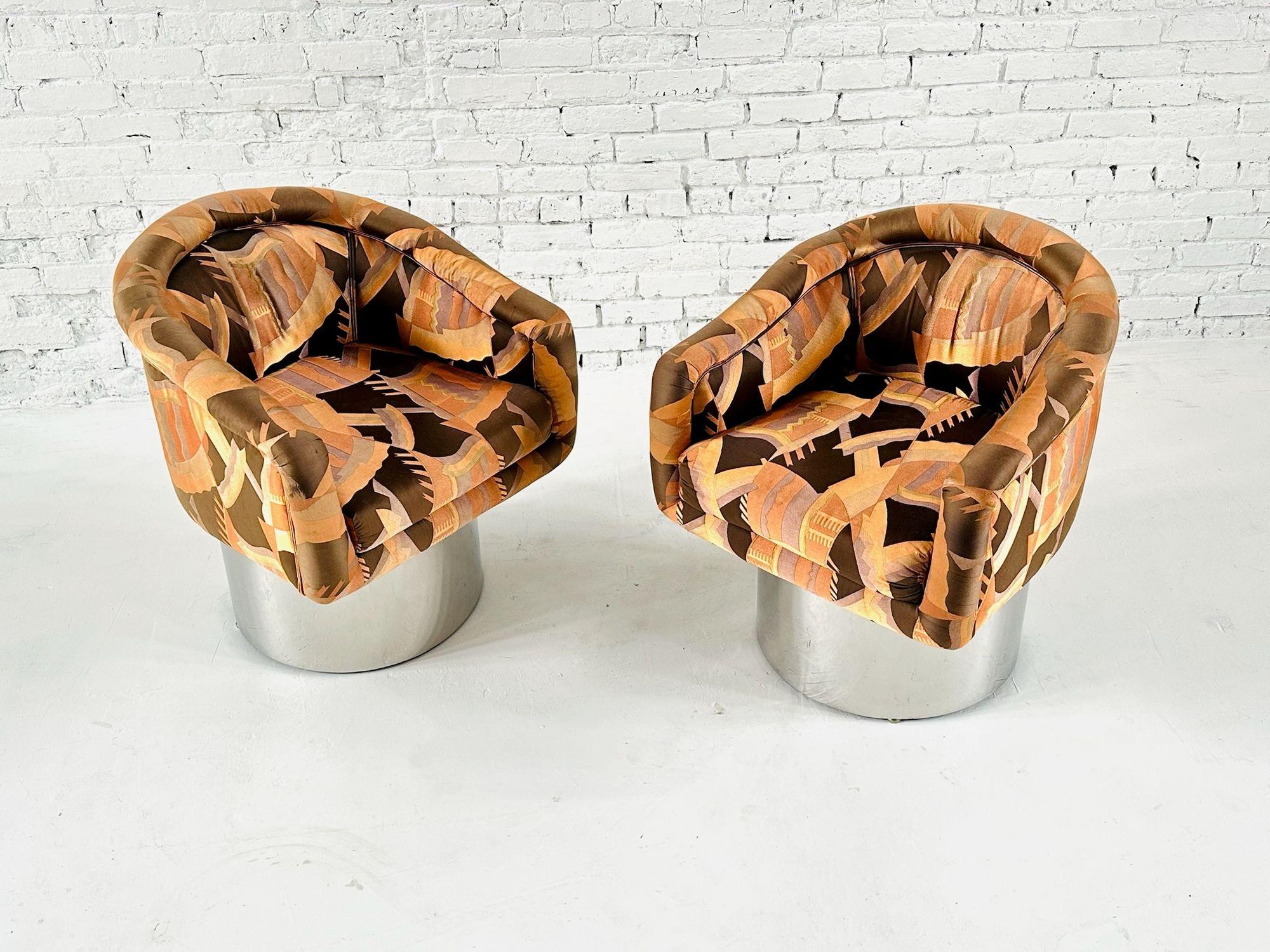 Mid-Century Modern Pair PACE Collection Stainless Steel Swivel Lounge Chairs, 1970 For Sale