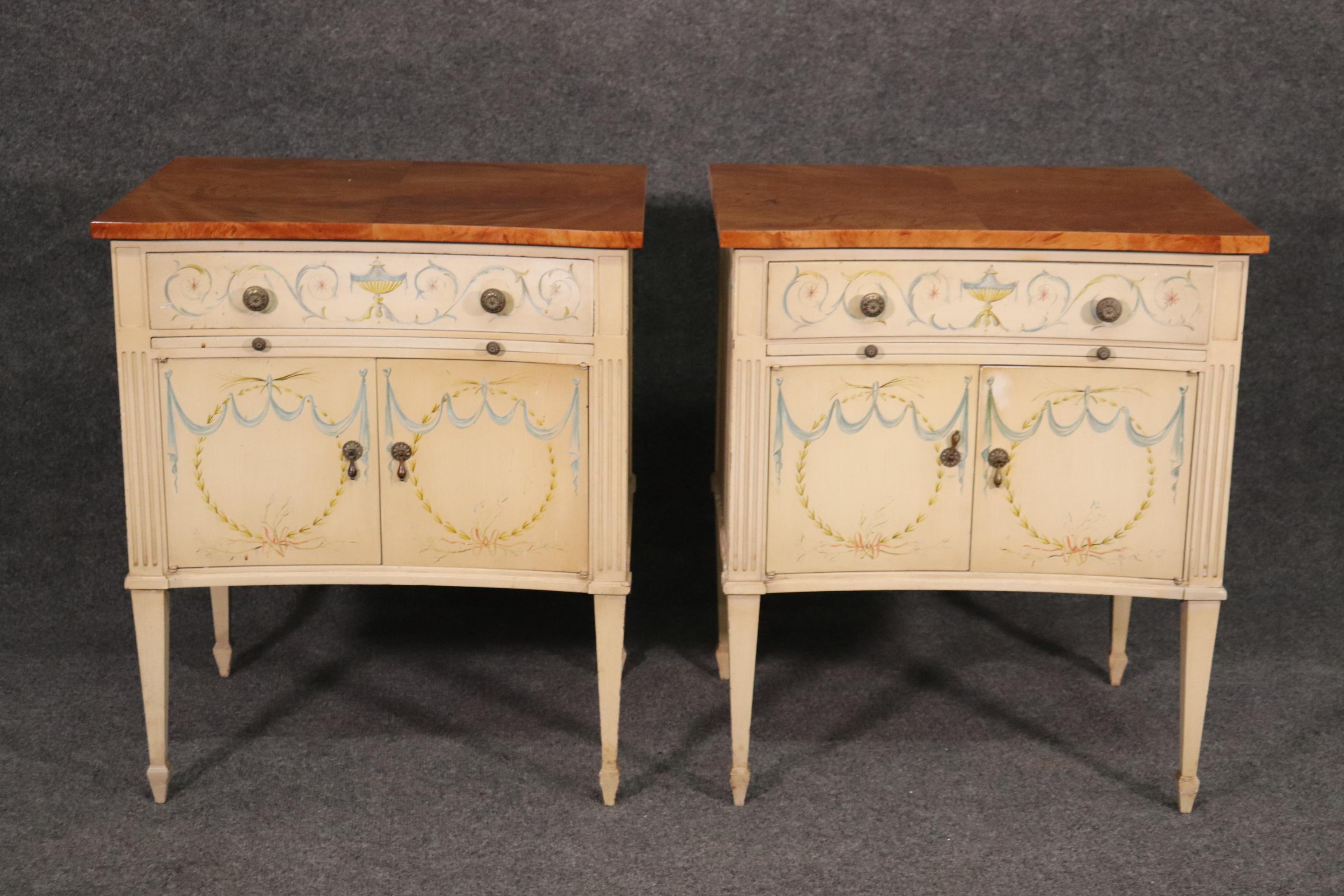 This is a fantastic pair of absolutely gorgeous hand-painted Adams style night stands with beautiful burled walnut tops. The stands are made of the highest quality and just gorgeous. They measure 26 tall x 22 wide x 17 deep.