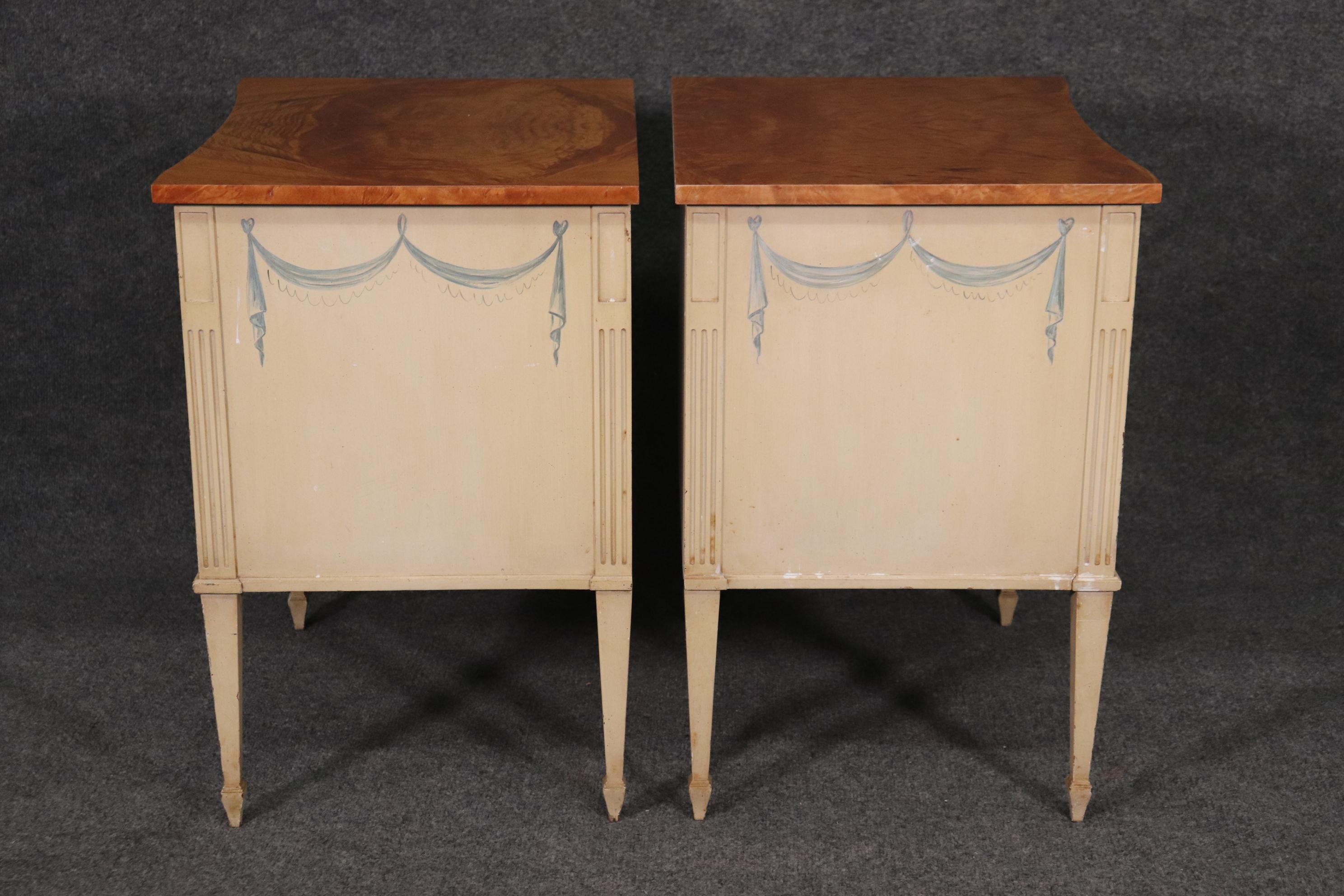 Adam Style Pair Paint Decorated Burled Walnut Adams Style Schmieg and Kotzian Night Stands
